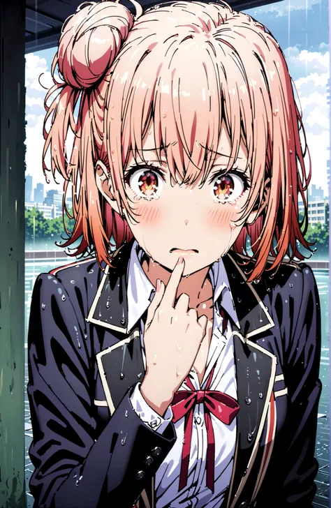 yuiyuigahama, Yuigahama Yui , short hair, brown eyes in the oral vagina, pink hair, hair bun, single hair bun,blush,close your mouth,skirt, shirt, ribbon, uniform, jacket, white shirt, black jacket, blazer, sobu high uniform,streaming tears, crying, tea...