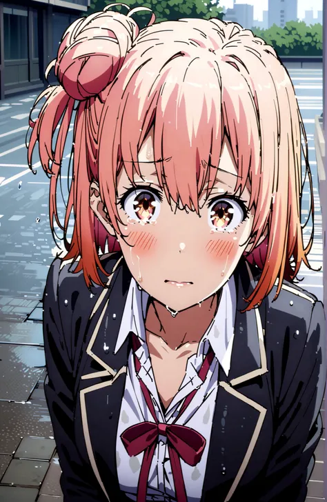 yuiyuigahama, Yuigahama Yui , short hair, brown eyes in the oral vagina, pink hair, hair bun, single hair bun,blush,close your mouth,skirt, shirt, ribbon, uniform, jacket, white shirt, black jacket, blazer, sobu high uniform,streaming tears, crying, tea...