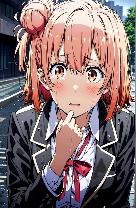 yuiyuigahama, Yuigahama Yui , short hair, brown eyes in the oral vagina, pink hair, hair bun, single hair bun,blush,close your mouth,skirt, shirt, ribbon, uniform, jacket, white shirt, black jacket, blazer, sobu high uniform,streaming tears, crying, tea...
