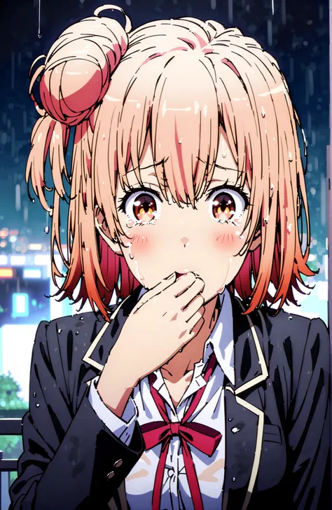 yuiyuigahama, Yuigahama Yui , short hair, brown eyes in the oral vagina, pink hair, hair bun, single hair bun,blush,close your mouth,skirt, shirt, ribbon, uniform, jacket, white shirt, black jacket, blazer, sobu high uniform,streaming tears, crying, tea...