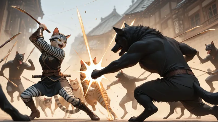 ((best quality)), ((masterpiece)), (detailed), A gang of yellow-striped cat people are seen throwing spears at a gang of black-furred dog people. They are fighting, facing each other, ready to attack each other, fighting, fully armed.