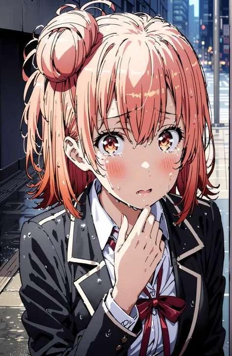 yuiyuigahama, Yuigahama Yui , short hair, brown eyes in the oral vagina, pink hair, hair bun, single hair bun,blush,close your mouth,skirt, shirt, ribbon, uniform, jacket, white shirt, black jacket, blazer, sobu high uniform,streaming tears, crying, tea...