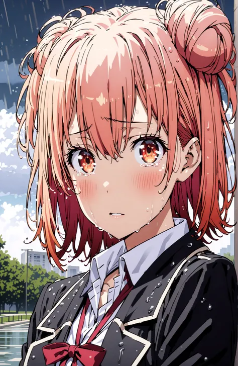 yuiyuigahama, Yuigahama Yui , short hair, brown eyes in the oral vagina, pink hair, hair bun, single hair bun,blush,close your mouth,skirt, shirt, ribbon, uniform, jacket, white shirt, black jacket, blazer, sobu high uniform,streaming tears, crying, tea...