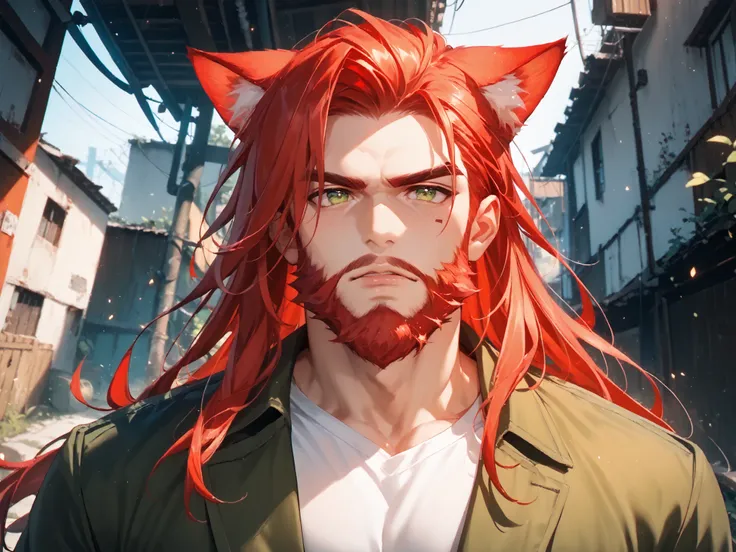 Character: solo, 1boy, cat-boy, demi-human, adult, cat eyes, green eyes ((Eyes with high detail, no defects, pupils of equal size)), stern, old, daddy, manly, red beard, lush beard, big beard, long beard, facial hair, facial wrinkles, full lips, red hair, ...