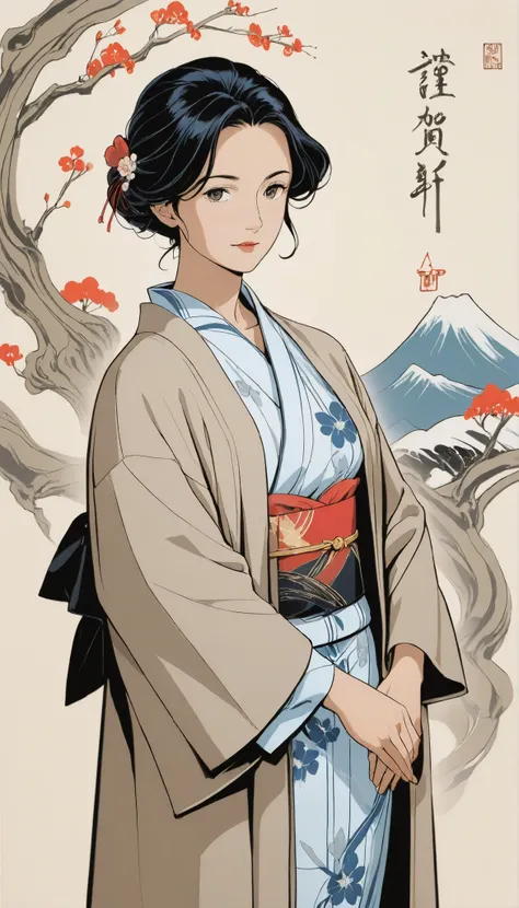 Araffe dressed in a  object and a woman in a  object, Paintings inspired by Kokata Kobayashi, Shutterstock, , Yukata attire, classy Yukata attire,  object,  coat ,   Ukiyo-e style , Japanese Style,  object,  objectを着ている, 袴 object, Japanese  object,  object...