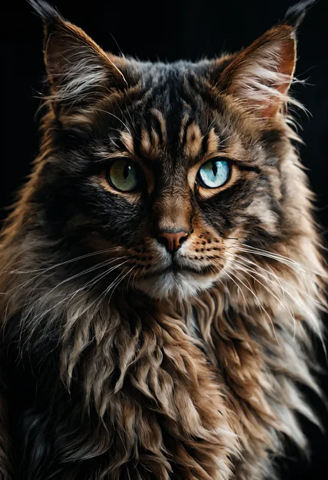 Gato Maine Coon,  BLACK EYES WHITE, first snow, Flocos, partial snow cover, cinematic film still, breath-taking, falling leaves, melancholic mood, paper texture,  The whispered farewell of nature in gusts of wind, photo-realism, filmic grain, filme ainda, ...