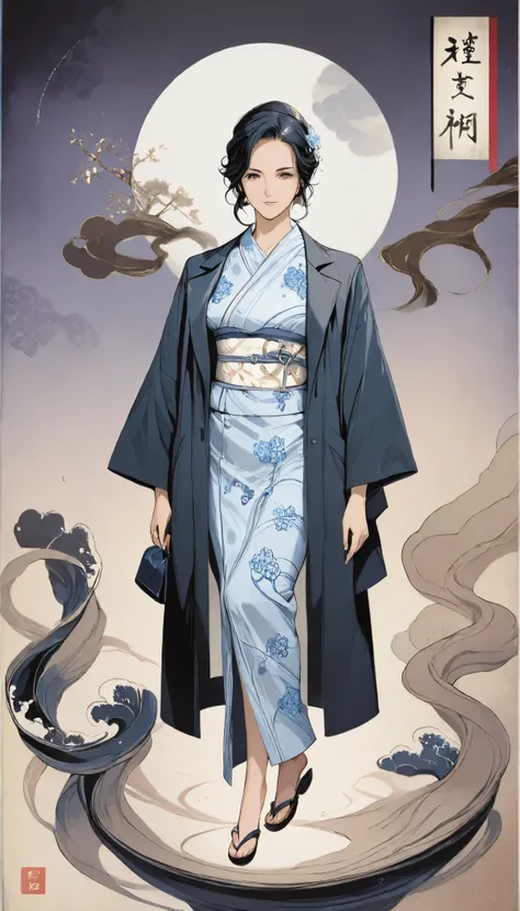 Araffe dressed in a  object and a woman in a  object, Paintings inspired by Kokata Kobayashi, shutterstock, , Yukata attire, classy Yukata attire,  object,  coat ,   Ukiyo-e style , Japanese Style,  object,  objectを着ている, 袴 object, Japanese  object,  object...