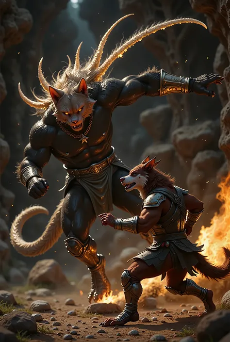 cat-dog wars, detailed anthropomorphic cat and dog characters in battle, intense dynamic action, cinematic lighting, epic fantasy landscape, dramatic atmosphere, digital art, 4k, ultra-detailed, cinematic, masterpiece, vibrant colors, volumetric lighting, ...