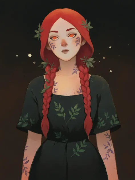 drki, close portrait, 1girl, solo, pale violet-skinned character, braided red hair, freckled, intricate leaf tattoos, black outfit, ethereal atmosphere, surreal lighting, fantasy aesthetic, painterly illustration, gouache painting, soft lighting illustrati...