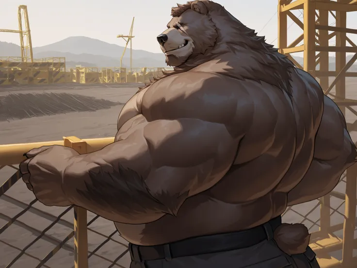 solo, massive muscular, ben bigger, Bear Boy, Scar on Eye, Ben Bigger, shirtless, topless, chubby, side view, smile, very huge pectoral, shorts, construction site, detailed face, wide shoulder, thick arms, wide pectoral, muscle, short hair:1.2, detailed fa...