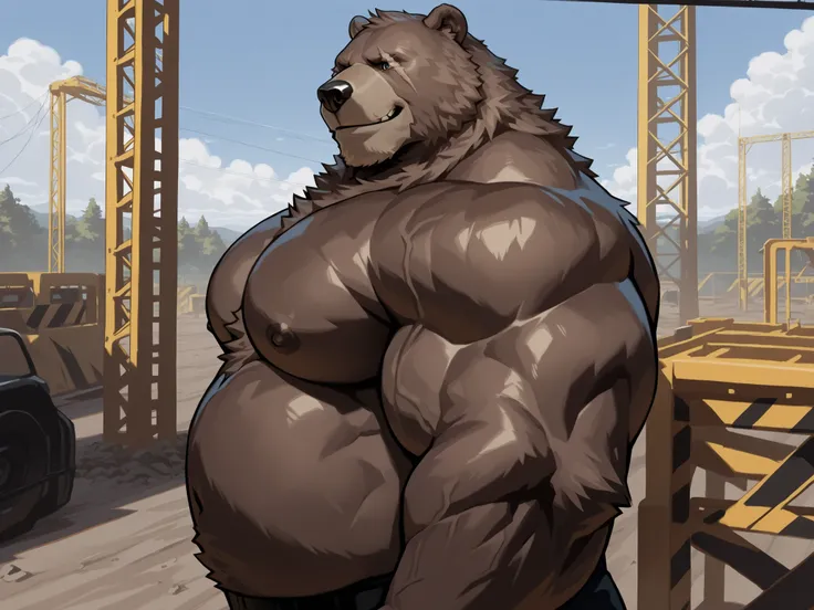 solo, massive muscular, ben bigger, Bear Boy, Scar on Eye, Ben Bigger, shirtless, topless, chubby, side view, smile, very huge pectoral, shorts, construction site, detailed face, wide shoulder, thick arms, wide pectoral, muscle, short hair:1.2, detailed fa...