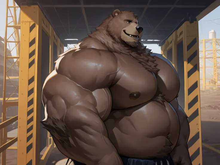 solo, massive muscular, ben bigger, Bear Boy, Scar on Eye, Ben Bigger, shirtless, topless, chubby, side view, smile, very huge pectoral, shorts, construction site, detailed face, wide shoulder, thick arms, wide pectoral, muscle, short hair:1.2, detailed fa...