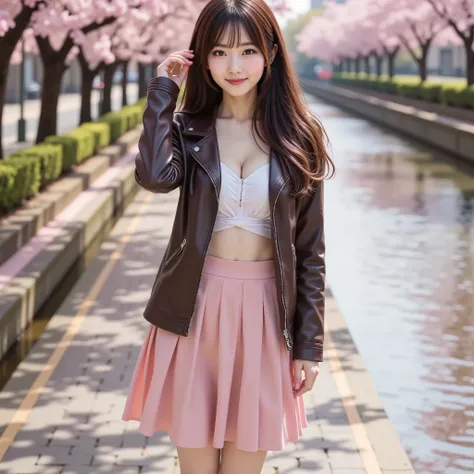 Portrait Composition, Japanese girls, Ultra High Resolution, 8K, A river that flows gently along a row of cherry blossom trees in full bloom, petals floating in the air and scatte赤 across the water’s surface, Her full figure is cente赤 perfectly in the fram...