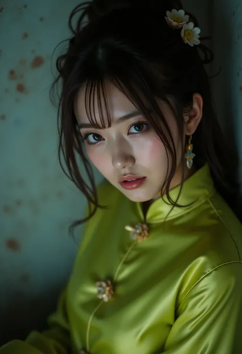 A poignant, high-quality portraiture of a beautiful young woman, dressed in a stunning lime green latex cheongsam and Hyper Puffy Blue accessories, sitting tightly against the wall with her head lowered, tears flowing down her face as she frowns. The scene...