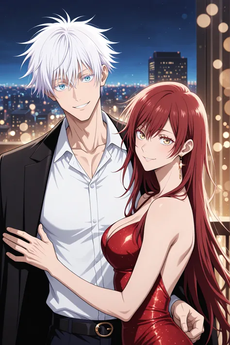 masterpiece, best quality, amazing quality, absurdres, safe, glittering, sparkle, dynamic shot, upper_body, anime screencap, official art, anime style, jujutsu kaisen screencap, BREAK very cute, smile, happy, posing for photo, cute pose, city background, c...