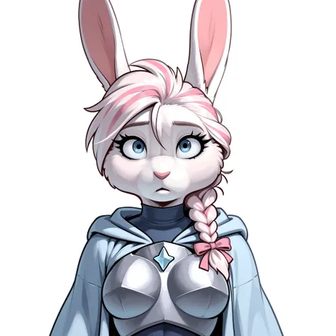 masterpiece, best quality, amazing quality, anthro bunny, female, (solo), big blue eyes, big eyelashes, white fur, medium breasts, hopeful, kind, gentle, small hands, looking at viewer, young, looking at viewer, (medium white pink hair), single braid, (dar...