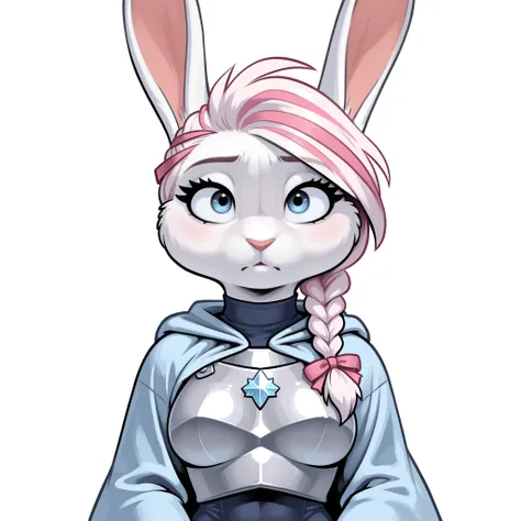 masterpiece, best quality, amazing quality, anthro bunny, female, (solo), big blue eyes, big eyelashes, white fur, medium breasts, hopeful, kind, gentle, small hands, looking at viewer, young, looking at viewer, (medium white pink hair), single braid, (dar...