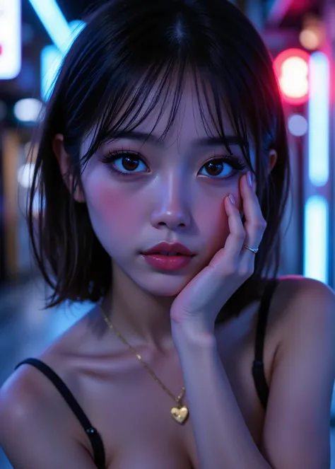 young woman , perfect girlfriend. long lashes、her nails are painted dark gray. Her lips are red, gold necklace and heart ring. her hair is short hair with bangs,  soft neon lighting like auroras, blue and purple reflected on her face, in the center of the ...