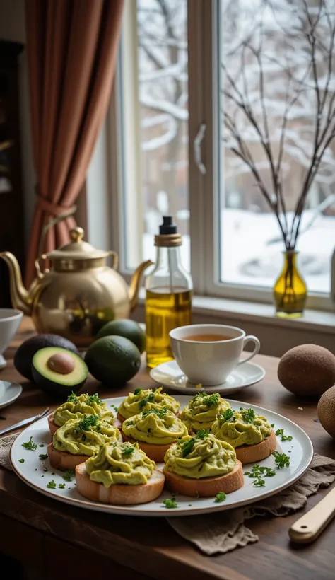 BEAUTIFUL image in perfect 8k quality, impressive, incredible vibrant colors, perfect colors, ultra realistic, of a luxurious kitchen table near a window where snow is falling outside, because it is winter in Europe -40 degrees Celsius, it is a beautiful a...