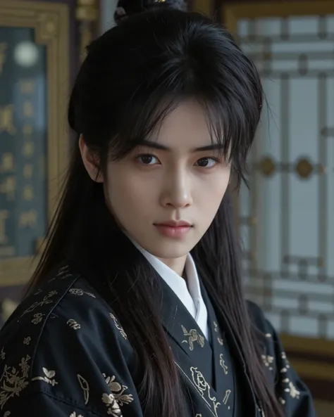 boy , black hair, Gray eyes, Wear black hanfu, long hair, Handsome hairstyle, Antique style, Chinese people, 4 The mother surrounded the girl, one lover, one with love and longing.