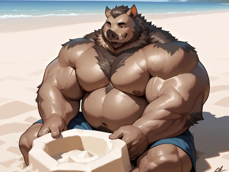 solo, massive muscular, boar, shirtless, topless, sitting, chubby, very huge pectoral, shorts, beach, making huge sandcastle, smile, chubby, detailed face, wide shoulder, thick arms, smile, open eye, wide pectoral, muscle, short hair:1.2, detailed face, ma...