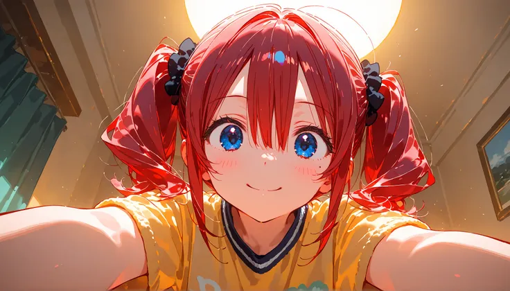 masterpiece , best quality, 1girl, high twintails, short twintails, round eyes, black scrunchie, bangs, hair between eyes, red hair, blue eyes eyes, mole under left eye, , Parker, looking at viewer, smiling, in the room, hyper detailed, anime, (hard-edged:...