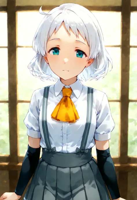 Natsugumo KC, white hair,short hair, white shirt, Short sleeve, pleated skirt,collared shirt, dress shirt, suspenders, Grey Skirt,Arm Warmers, suspendersスカート,  Orange Ascot ,