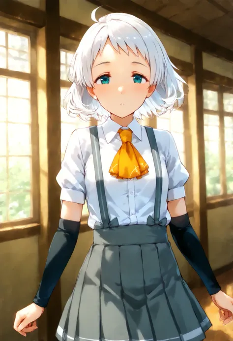 Natsugumo KC, white hair,short hair, white shirt, Short sleeve, pleated skirt,collared shirt, dress shirt, suspenders, Grey Skirt,Arm Warmers, suspendersスカート,  Orange Ascot ,