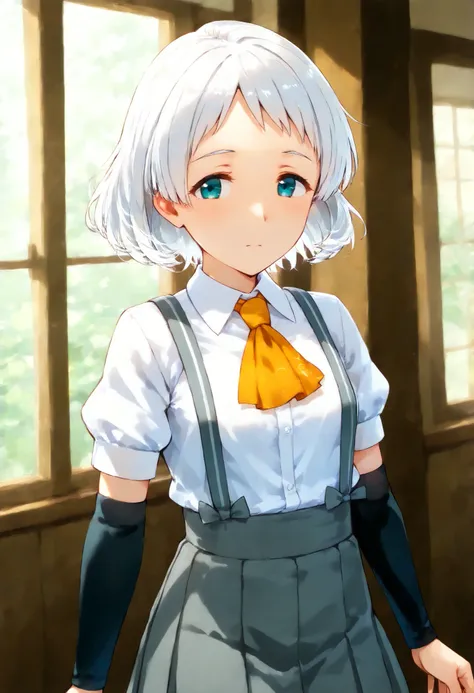 Natsugumo KC, white hair,short hair, white shirt, Short sleeve, pleated skirt,collared shirt, dress shirt, suspenders, Grey Skirt,Arm Warmers, suspendersスカート,  Orange Ascot ,