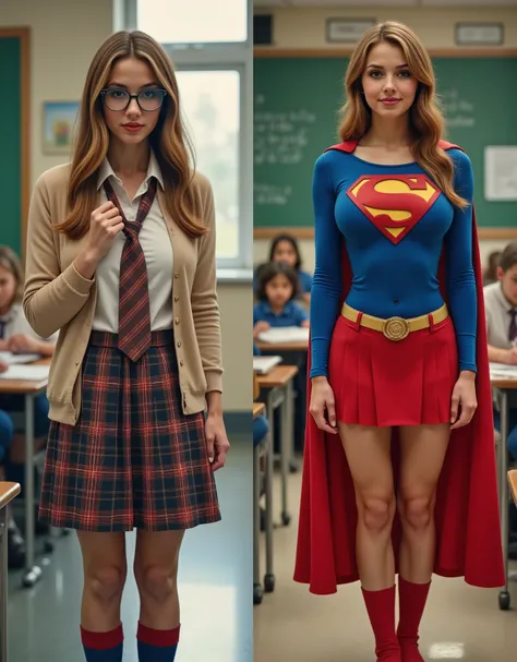 A series of four highly detailed, photo-realistic digital photographs taken in the style of a 35mm film shoot. Each image captures a stage in the transformation of a girl named Tabitha from a shy student into a powerful superhero. Cinematic fantasy aesthet...