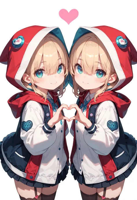 Chibi character style, 2 girl, twins, looking at viewer, symmetry, (heart hands:1.3), simple background, hood up, hood over eyes,
The illustration is done in a paper-cutting style