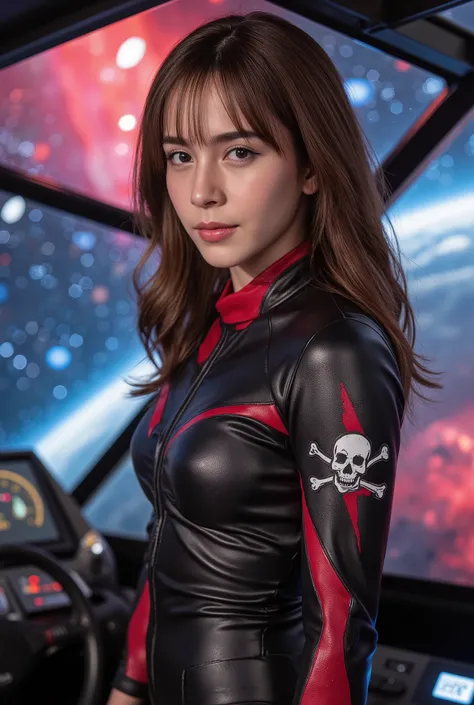 ((top quality)), (Masterpiece)), ( Details: 1.4), 3d, An absurd resolution, high definition, (Masterpiece: 1.4), ultra detail , 1 beautiful Mexican girl, image of the futuristic pirate woman, skull and crossbones mark, female space pirate, Shiny brown shor...