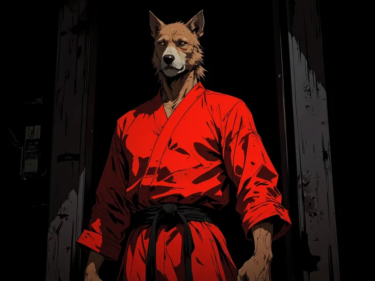 Anime-style (90s aesthetic:1.5), featuring a humanoid dog martial artist emerging from a dark room. The character has the body of a human covered in canine fur, with a dog's head and tail, wearing a bright red karate gi. A black belt is tied around his wai...