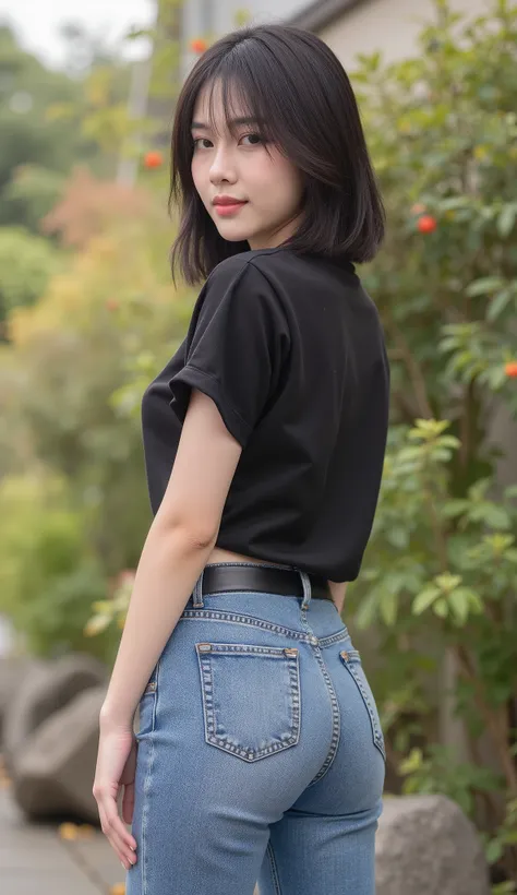 Japanese woman、20 years old、black hair short hair、black t-shirt、blue jeans、live-action、A little sexy、A smile with strong eyesight、Looking back from head to knee、Hips are pretty big、