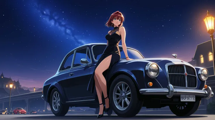 woman and her car in the dark night starry sky retrowave 90s landscape