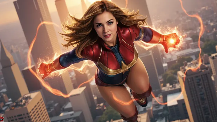ray tracing, UHD, HDR, 16k, masterpiece, cinematic, photorealistic, award winning, marvel comics character, ms marvel, voluptuous, athletic, beautiful long hair, tight clothes, skin indentation, confident expression, heroic pose, flying in the air, energy ...