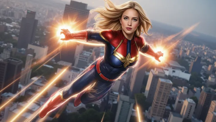 ray tracing, UHD, HDR, 16k, masterpiece, cinematic, photorealistic, award winning, marvel comics character, ms marvel, voluptuous, athletic, beautiful long hair, tight clothes, skin indentation, confident expression, heroic pose, flying in the air, energy ...