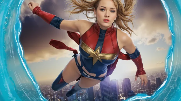 ray tracing, UHD, HDR, 16k, masterpiece, cinematic, photorealistic, award winning, marvel comics character, ms marvel, voluptuous, athletic, beautiful long hair, tight clothes, skin indentation, confident expression, heroic pose, flying in the air, energy ...
