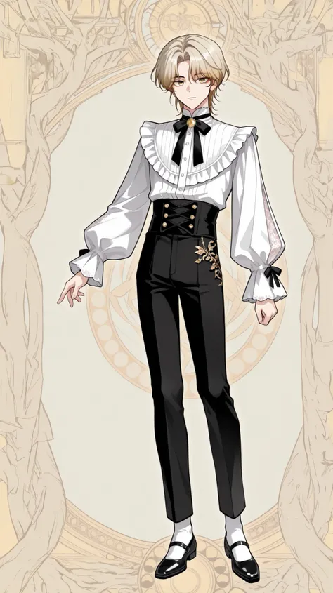 Anime and Manhwa character description: elegant and slender young man, male, short layered white-gold hair with soft ombre at the tips, bright golden eyes, dressed in a Victorian-style blouse with a high collar, puffy sleeves, lace ribbons on the sleeves, ...