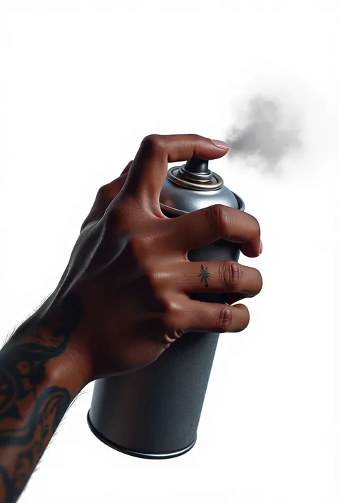 A photorealistic close-up of the hand of a Black male graffiti artist in action. The hand is dark-skinned with realistic lighting and texture, holding a spray paint can, finger pressing the nozzle with paint mist coming out. The hand and forearm have urban...