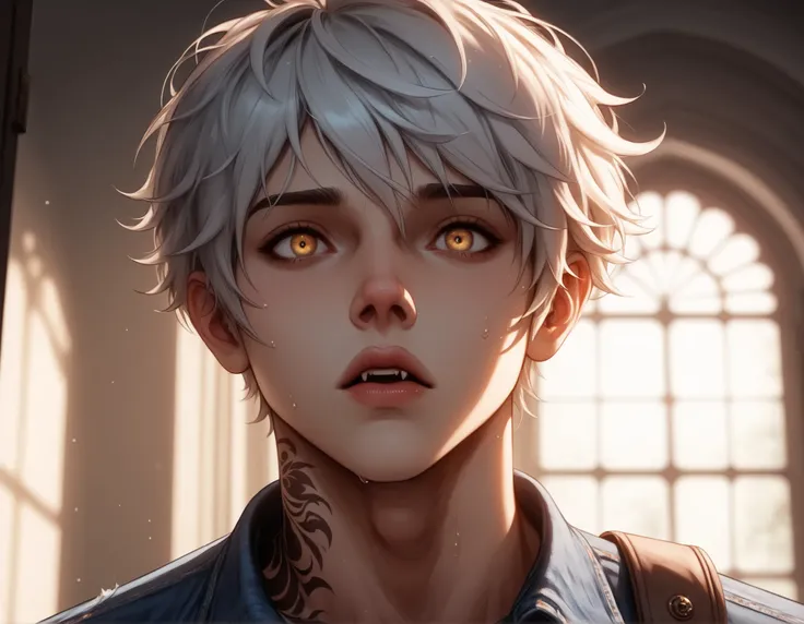 front_door_exterior, soft_daylight, suburban_home_background, (muscular_male), (detailed_tattoo), yellow_eyes, short_hair, (white_hair:1.3), vampire, fangs, sharp_teeth, bag, white_shirt, jeans, solo, 1boy, standing, nervous, sweating, anxious_expression, ...