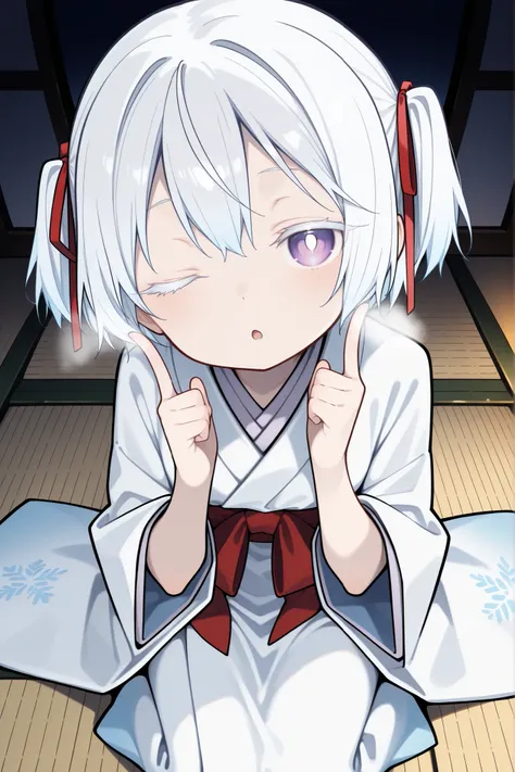 ((dim, dark room, deep shadows, tatami)), looking up at viewer, (solo, 1girl, yuki onna, white hair, short hair, two side up, habitual hair, hair ribbon, red ribbon, purple eye), ((li, thin, petite, short body)), (white kimono), wariza, double finger to ch...