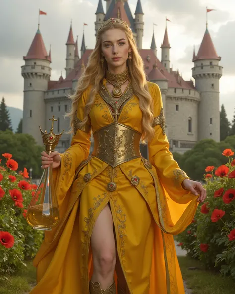 Lena Headey queen with blond long hair, broad-chested, broad shoulders, A full-length image of, she is wearing a beautiful fabulous satin, a tight and smooth yellow dress with orange decorative flowers ribbons and ornaments, with a slit on her leg, gold st...