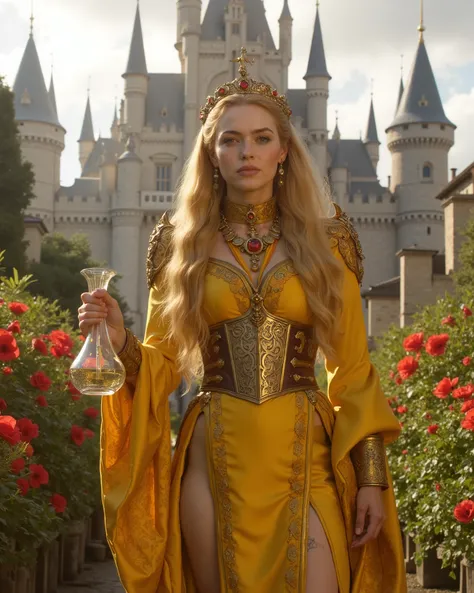 Lena Headey queen with blond long hair, broad-chested, broad shoulders, A full-length image of, she is wearing a beautiful fabulous satin, a tight and smooth yellow dress with orange decorative flowers ribbons and ornaments, with a slit on her leg, gold st...