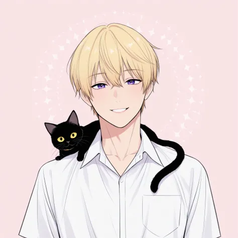 "Draw the face of a blond male fortune teller in the style of a simple illustration、Add a starry sky and moon to the background。I have a black cat on my shoulder。color is based on deep navy and purple and、creates a fantastic atmosphere where the stars and ...