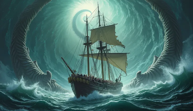 A chaotic naval scene as the ship sails between a six-headed monster and a massive whirlpool, crew members screaming.