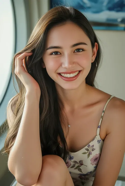 Woman Posing for Photos, laughs, happy, long hair, straight hair , VERY DEFINED SKIN, orbital space, Hot summer day, Natural lighting, detailed face:1.2, sharp concentration, Hasselblad pictures, masterpiece, light makeup, cinematic lighting for legs ben...