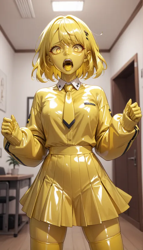 masterpiece, best quality, newest, absurdres, yellow eyes, yellow hair, yellow sclera, yellow tongue, no pupils, yellow skin, shiny skin, metal skin, 1girl, solo,Woman Japanese, collared shirt, yellow necktie, yellow detached sleeves, yellow skirt, yellow ...
