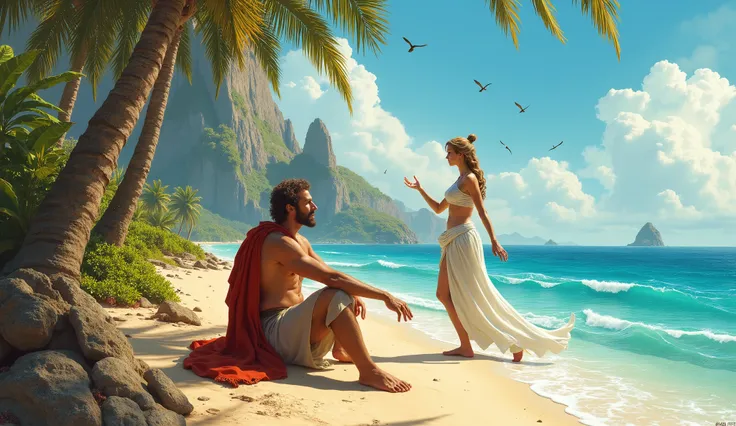 A serene island where Odysseus sits on the beach, gazing at the horizon, while the goddess Calypso tries to comfort him.