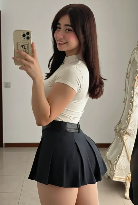 Selfie butt mirror, A pretty young woman dressed in a sexy transparent dress, behind, holding a phone, Vibrant smile